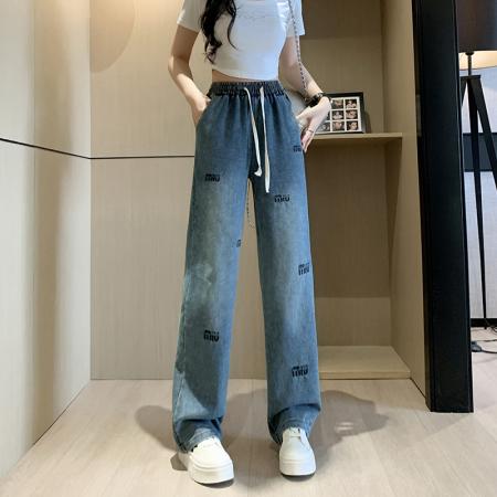 BY10379# 刺绣牛仔裤女夏款百搭时尚高腰显瘦休闲简约阔腿长裤 服裝批發女裝批發服飾貨源