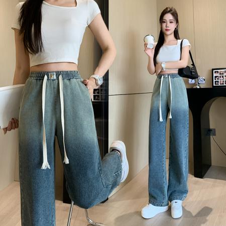 BY10380# 复古蓝渐边牛仔裤女春夏新款百搭时尚松紧腰休闲阔腿长裤 服裝批發女裝批發服飾貨源