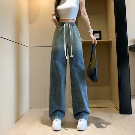 BY10380# 复古蓝渐边牛仔裤女春夏新款百搭时尚松紧腰休闲阔腿长裤 服裝批發女裝批發服飾貨源