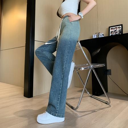 BY10380# 复古蓝渐边牛仔裤女春夏新款百搭时尚松紧腰休闲阔腿长裤 服裝批發女裝批發服飾貨源