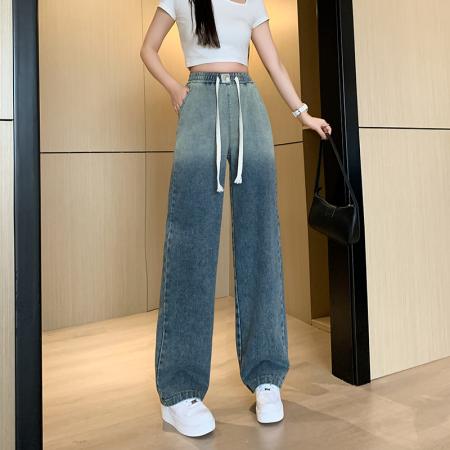 BY10380# 复古蓝渐边牛仔裤女春夏新款百搭时尚松紧腰休闲阔腿长裤 服裝批發女裝批發服飾貨源