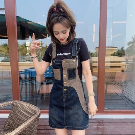 BY10381# 高含棉时尚拼接牛仔背带裙女夏季新款韩版小个子裙子潮 服裝批發女裝批發服飾貨源