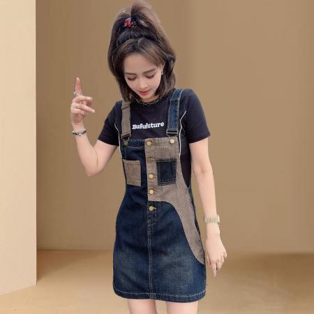 BY10381# 高含棉时尚拼接牛仔背带裙女夏季新款韩版小个子裙子潮 服裝批發女裝批發服飾貨源