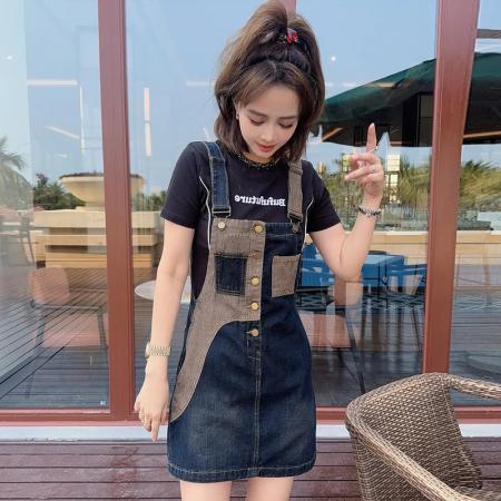 BY10381# 高含棉时尚拼接牛仔背带裙女夏季新款韩版小个子裙子潮 服裝批發女裝批發服飾貨源
