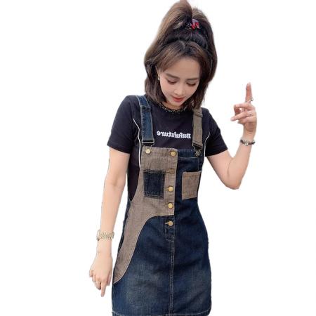 BY10381# 高含棉时尚拼接牛仔背带裙女夏季新款韩版小个子裙子潮 服裝批發女裝批發服飾貨源