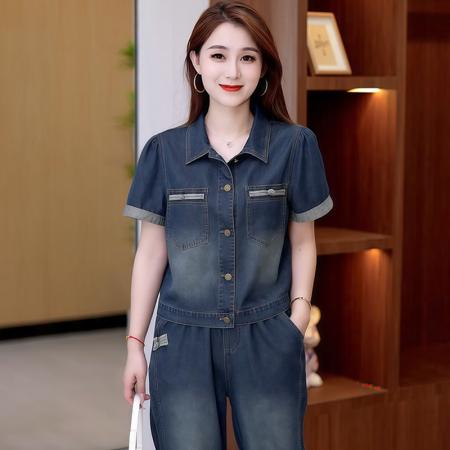 BY10382# 高含棉减龄套装女夏季新款休闲牛仔短袖七分裤两件套潮 服裝批發女裝批發服飾貨源