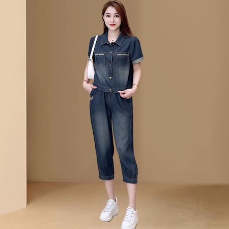 BY10382# 高含棉减龄套装女夏季新款休闲牛仔短袖七分裤两件套潮 服裝批發女裝批發服飾貨源