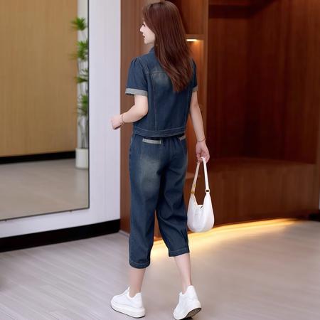 BY10382# 高含棉减龄套装女夏季新款休闲牛仔短袖七分裤两件套潮 服裝批發女裝批發服飾貨源