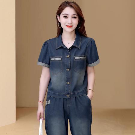 BY10382# 高含棉减龄套装女夏季新款休闲牛仔短袖七分裤两件套潮 服裝批發女裝批發服飾貨源