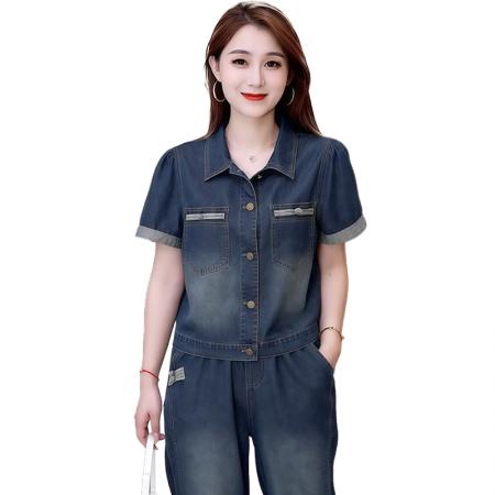 BY10382# 高含棉减龄套装女夏季新款休闲牛仔短袖七分裤两件套潮 服裝批發女裝批發服飾貨源