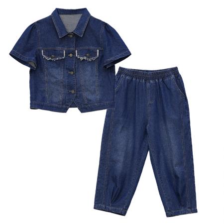 BY10384# 高含棉套装女夏季新款洋气牛仔短袖外套直筒裤两件套潮 服裝批發女裝批發服飾貨源