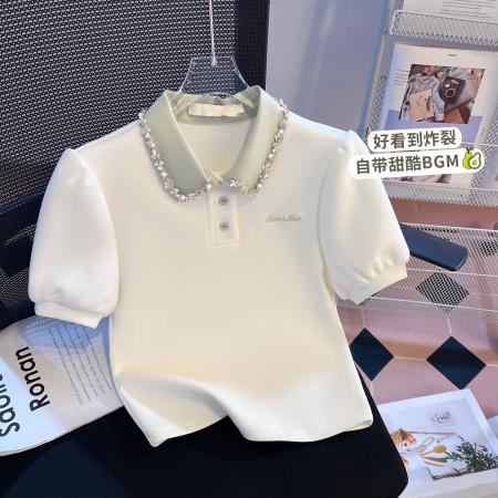 BY10385# 重工拼接假两件polo领短袖T恤女新款学院风小个子短上衣 服裝批發女裝批發服飾貨源
