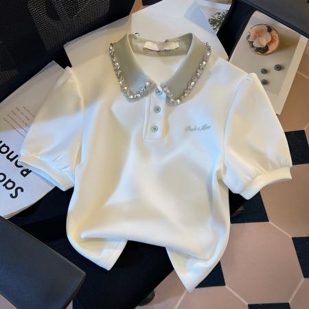 BY10385# 重工拼接假两件polo领短袖T恤女新款学院风小个子短上衣 服裝批發女裝批發服飾貨源