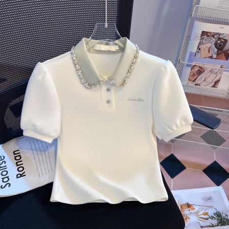 BY10385# 重工拼接假两件polo领短袖T恤女新款学院风小个子短上衣 服裝批發女裝批發服飾貨源