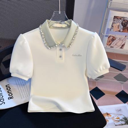 BY10385# 重工拼接假两件polo领短袖T恤女新款学院风小个子短上衣 服裝批發女裝批發服飾貨源