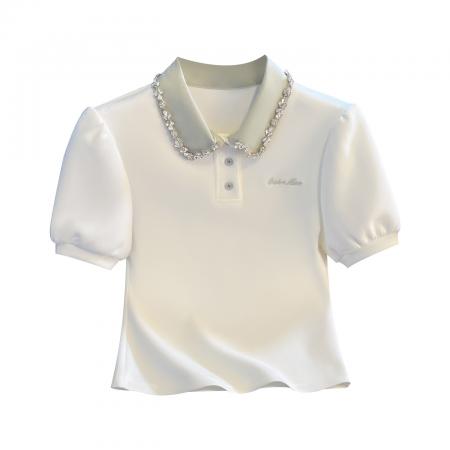 BY10385# 重工拼接假两件polo领短袖T恤女新款学院风小个子短上衣 服裝批發女裝批發服飾貨源