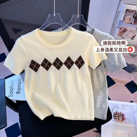 BY10386# 复古菱形格提花短袖针织衫春夏新款洋气减龄百搭圆领上衣 服裝批發女裝批發服飾貨源