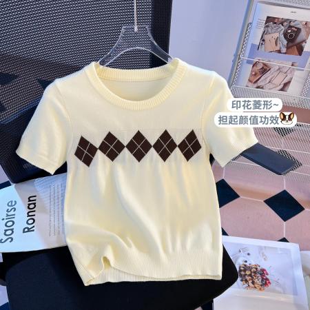 BY10386# 复古菱形格提花短袖针织衫春夏新款洋气减龄百搭圆领上衣 服裝批發女裝批發服飾貨源