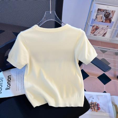 BY10386# 复古菱形格提花短袖针织衫春夏新款洋气减龄百搭圆领上衣 服裝批發女裝批發服飾貨源