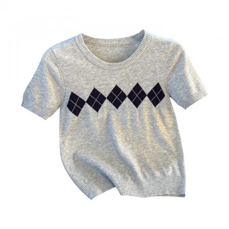 BY10386# 复古菱形格提花短袖针织衫春夏新款洋气减龄百搭圆领上衣 服裝批發女裝批發服飾貨源