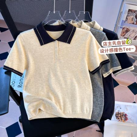 BY10387# polo领撞色针织短袖T恤女夏季韩系设计感百搭正肩短款上衣 服裝批發女裝批發服飾貨源