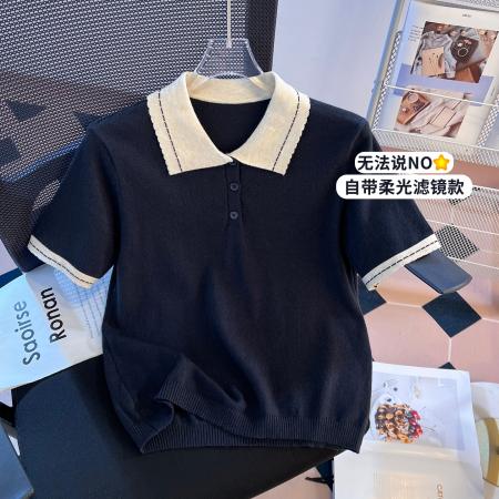 BY10387# polo领撞色针织短袖T恤女夏季韩系设计感百搭正肩短款上衣 服裝批發女裝批發服飾貨源