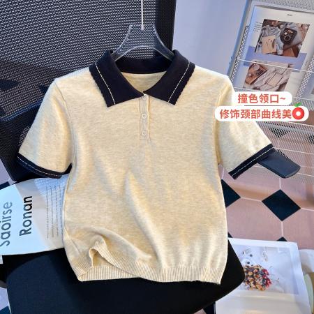 BY10387# polo领撞色针织短袖T恤女夏季韩系设计感百搭正肩短款上衣 服裝批發女裝批發服飾貨源