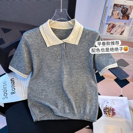 BY10387# polo领撞色针织短袖T恤女夏季韩系设计感百搭正肩短款上衣 服裝批發女裝批發服飾貨源
