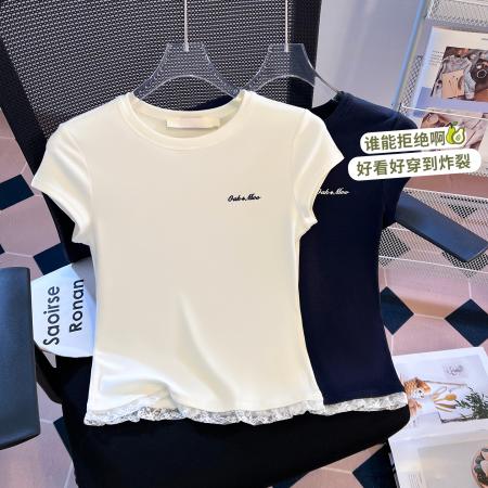 BY10388# 白色蕾丝边正肩短袖T恤女春夏新款修身短款上衣小个子 服裝批發女裝批發服飾貨源