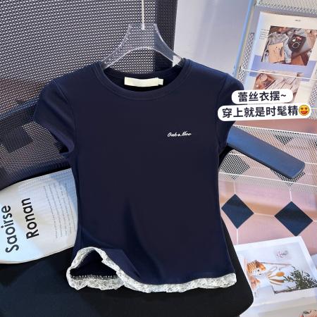 BY10388# 白色蕾丝边正肩短袖T恤女春夏新款修身短款上衣小个子 服裝批發女裝批發服飾貨源