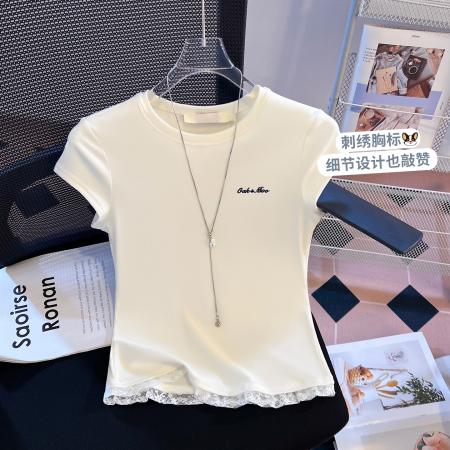 BY10388# 白色蕾丝边正肩短袖T恤女春夏新款修身短款上衣小个子 服裝批發女裝批發服飾貨源