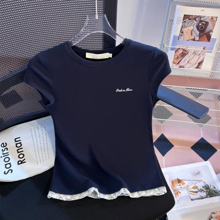 BY10388# 白色蕾丝边正肩短袖T恤女春夏新款修身短款上衣小个子 服裝批發女裝批發服飾貨源