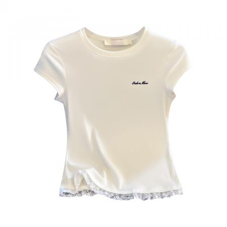 BY10388# 白色蕾丝边正肩短袖T恤女春夏新款修身短款上衣小个子 服裝批發女裝批發服飾貨源