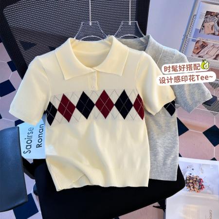 BY10391# polo领菱形格针织衫短袖T恤女春夏新款修身短款正肩上衣 服裝批發女裝批發服飾貨源