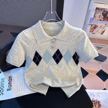 BY10391# polo领菱形格针织衫短袖T恤女春夏新款修身短款正肩上衣 服裝批發女裝批發服飾貨源