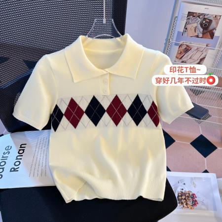 BY10391# polo领菱形格针织衫短袖T恤女春夏新款修身短款正肩上衣 服裝批發女裝批發服飾貨源