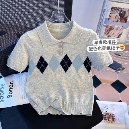 BY10391# polo领菱形格针织衫短袖T恤女春夏新款修身短款正肩上衣 服裝批發女裝批發服飾貨源