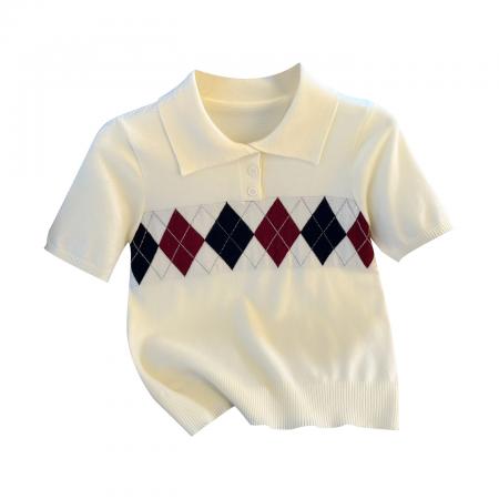 BY10391# polo领菱形格针织衫短袖T恤女春夏新款修身短款正肩上衣 服裝批發女裝批發服飾貨源