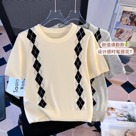 BY10392# 学院风miu系菱形格针织衫短袖T恤女春夏新款英伦风上衣 服裝批發女裝批發服飾貨源