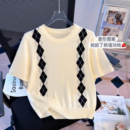 BY10392# 学院风miu系菱形格针织衫短袖T恤女春夏新款英伦风上衣 服裝批發女裝批發服飾貨源