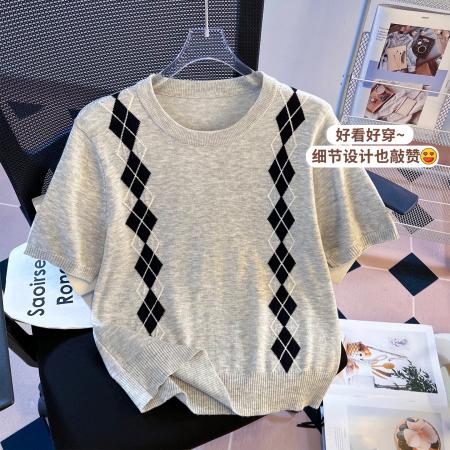 BY10392# 学院风miu系菱形格针织衫短袖T恤女春夏新款英伦风上衣 服裝批發女裝批發服飾貨源