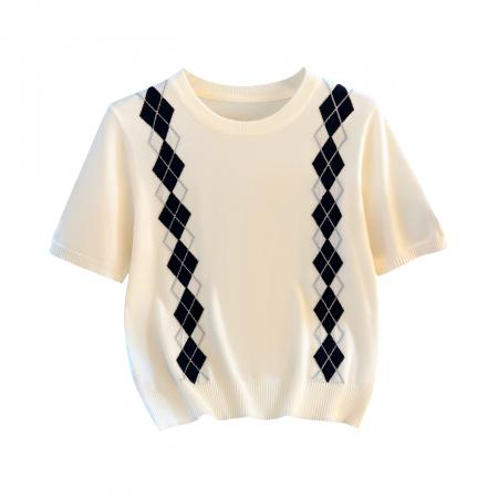 BY10392# 学院风miu系菱形格针织衫短袖T恤女春夏新款英伦风上衣 服裝批發女裝批發服飾貨源