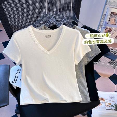 BY10393# 白色v领短袖T恤女夏季新款小个子修身显瘦正肩上衣女 服裝批發女裝批發服飾貨源