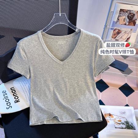 BY10393# 白色v领短袖T恤女夏季新款小个子修身显瘦正肩上衣女 服裝批發女裝批發服飾貨源