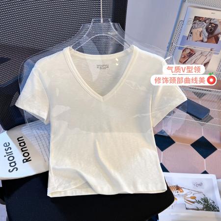 BY10393# 白色v领短袖T恤女夏季新款小个子修身显瘦正肩上衣女 服裝批發女裝批發服飾貨源