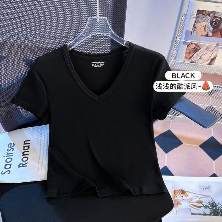 BY10393# 白色v领短袖T恤女夏季新款小个子修身显瘦正肩上衣女 服裝批發女裝批發服飾貨源