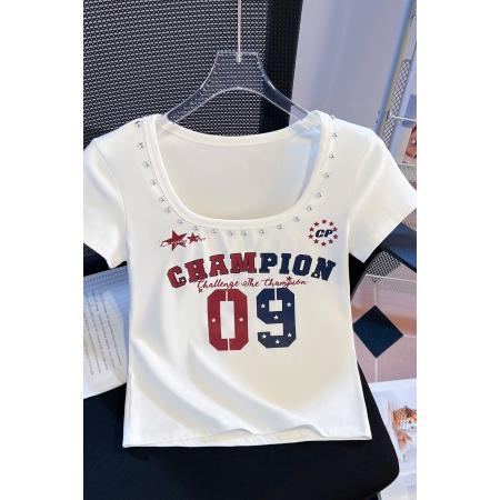 BY10394# 春夏新款美式印花水洗做旧U领显瘦正肩修身短款T恤女 服裝批發女裝批發服飾貨源