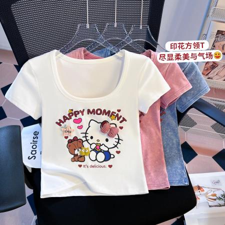 BY10395# 水洗做旧美式复古短袖T恤女新款设计感小众U领短款上衣 服裝批發女裝批發服飾貨源