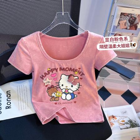 BY10395# 水洗做旧美式复古短袖T恤女新款设计感小众U领短款上衣 服裝批發女裝批發服飾貨源