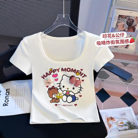 BY10395# 水洗做旧美式复古短袖T恤女新款设计感小众U领短款上衣 服裝批發女裝批發服飾貨源